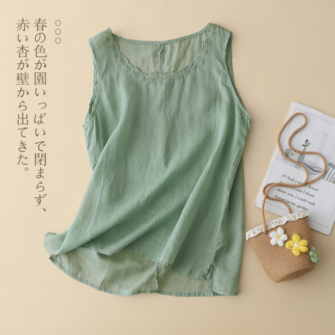女士夏季棉麻花邊刺繡寬鬆休閒無袖吊帶背心