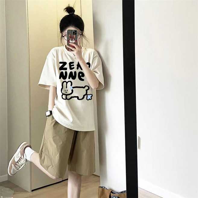 besteffie 여름투피스 여성용 캐주얼 티셔츠 반바지 세트 편안한 면 소재 귀여운 캐릭터 프린트 봄 여름 착용 K37