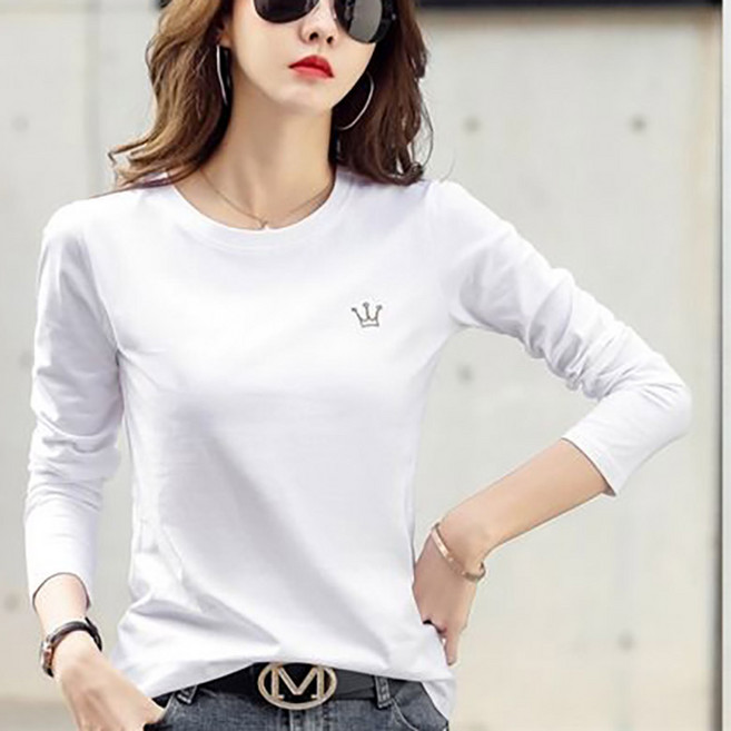 POMTOR 순면 100% 여성 라운드넥 자수 긴팔 티셔츠 슬림핏
