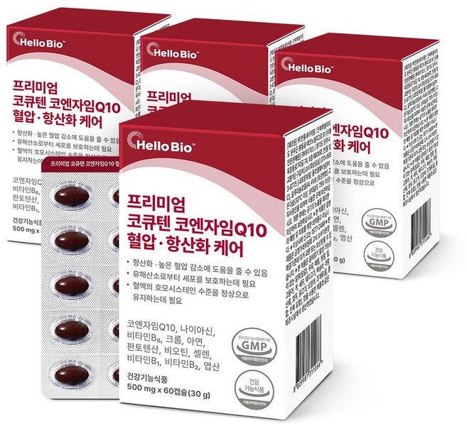 헬로바이오 프리미엄 코큐텐 코엔자임Q10 혈압 항산화케어 영양제, 60정, 4개