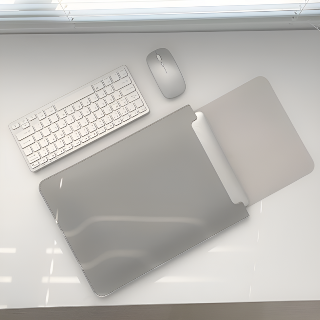 고급 가죽 세로형 노트북 파우치 마우스 패드 겸용 케이스, 그레이