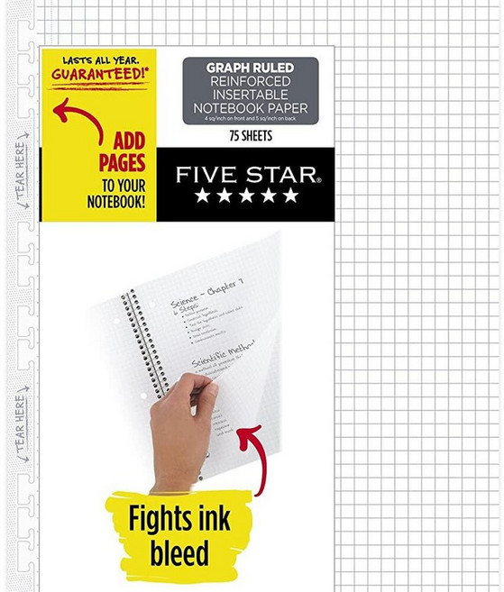 Five Star 루스 리프 낱장 속지 3홀 모눈 29.21cm x 20.32cm 75매 1팩 (17018) (최소주문 수량 2개***), 1 Pack