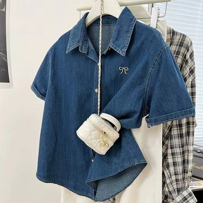 해피유통 여성 자수 신플 캐주얼 패션 데님 반팔셔츠 상의jhz