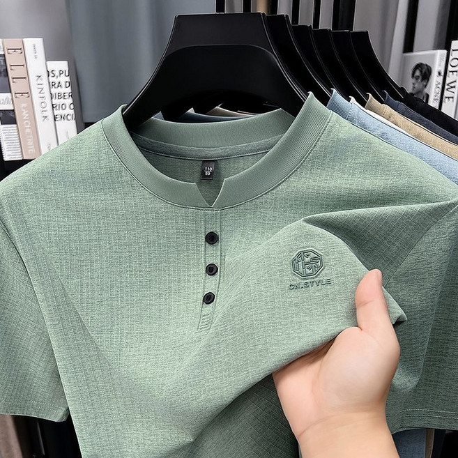남성 헨리넥 반팔 티셔츠 봄 여름 루즈핏 솔리드 단추 반팔티 캐주얼 코디 남자 얇은 맨투맨 상의 SJS