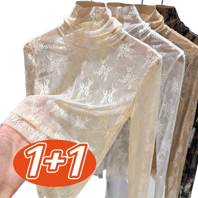 밤의여신 1+1 여성 빅사이즈 폴라넥 터틀넥 레이스 시스루 망사 이너 티셔츠 슬림핏