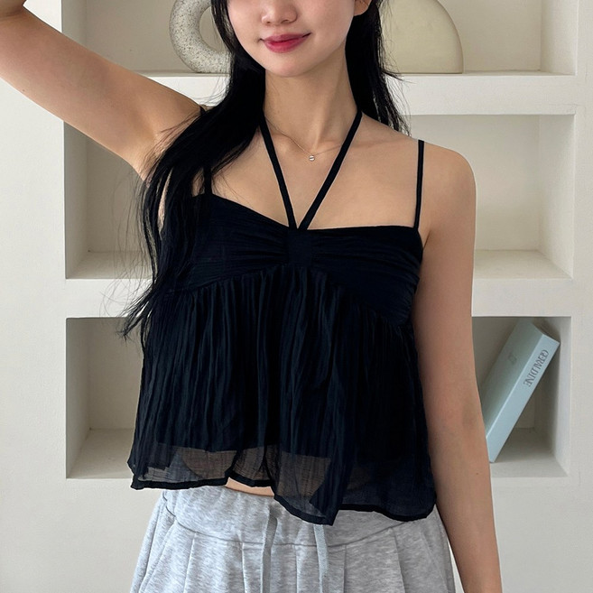 [디아미뇽] 조앤 홀터넥 쉬폰 리본 스모크밴딩 뷔스티에 블라우스