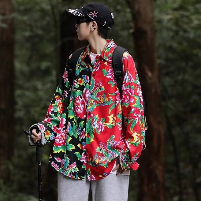 東北大花布襯衫 長袖襯衫 男女同款個性花襯衫