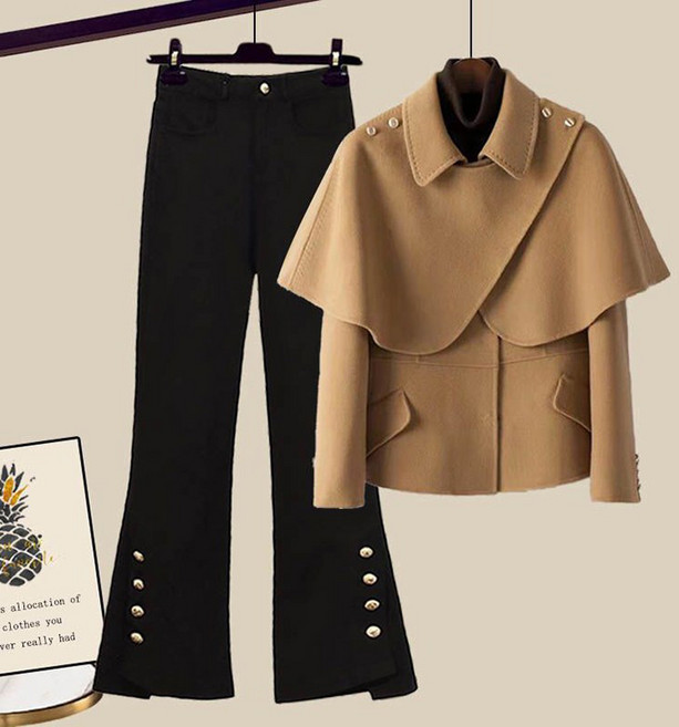 가을 겨울 정장 상하의 세트 여성 럭셔리 심플 코트 자켓 와이드 정장바지 캐주얼 팬츠 패션 투피스 D99U