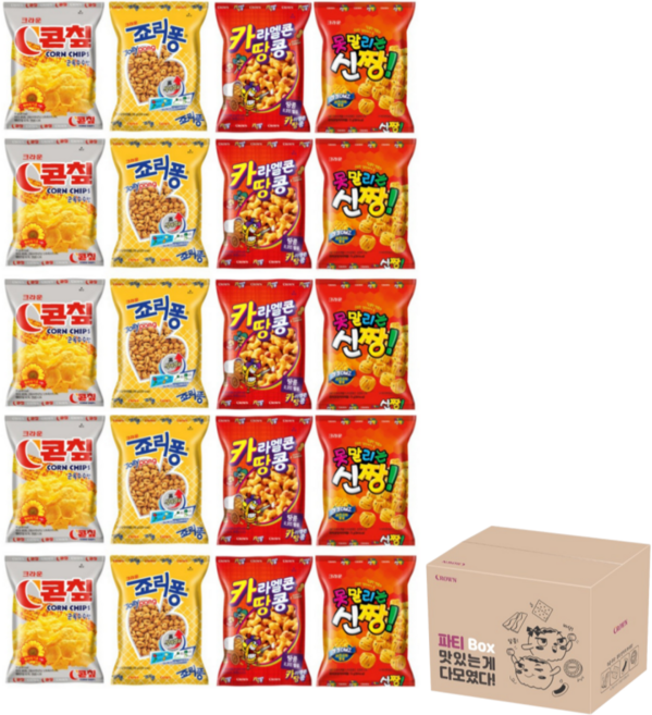 크라운 콘칲44g+죠리퐁50g+못말리는신짱73g+카리멜콘땅콩46g(각5개씩) 종합과자 파티 박스, 1개