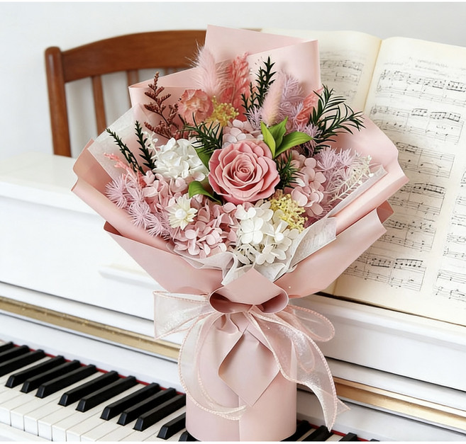 로맨틱 프리저브드 플라워 부케 고급스러운 크리에이티브 꽃다발 여자친구 부인 엄마 선물 생일 발렌타인데이 선물, 핑크색