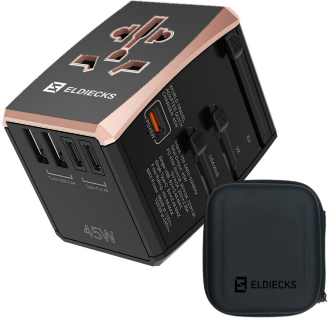 엘디엑크스 5포트 고속충전 PD45W 해외 여행용 멀티 플러그 어댑터, 블랙, 1개