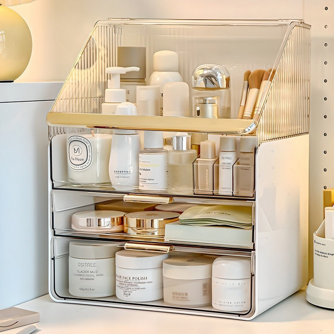 ELSECHO 3단 화장품 정리대 예쁜 특대형 슈퍼 화장품정리함 +립스틱 보관함 증정, 1개, 투명 흰색
