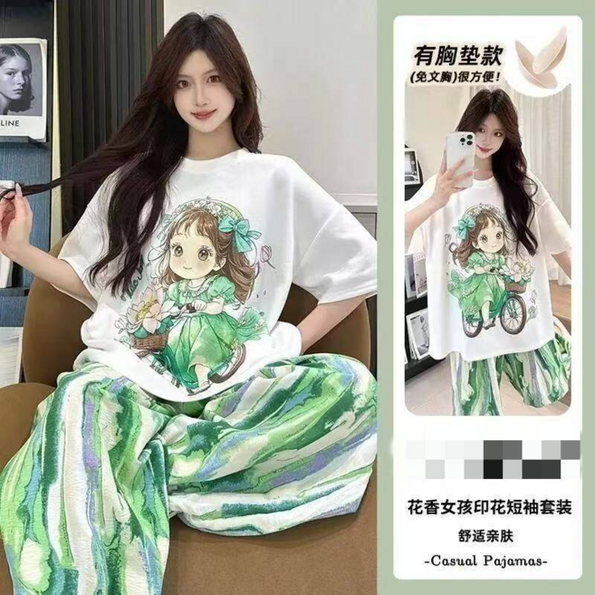 新款帶胸墊卡通圖案短袖長褲睡衣女夏季家居服套裝