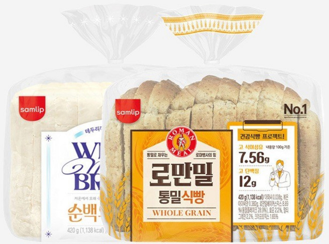 삼립 간식 총 2개 순백우유 식빵 420g 1개 로만밀 통밀 식빵 420g 1개