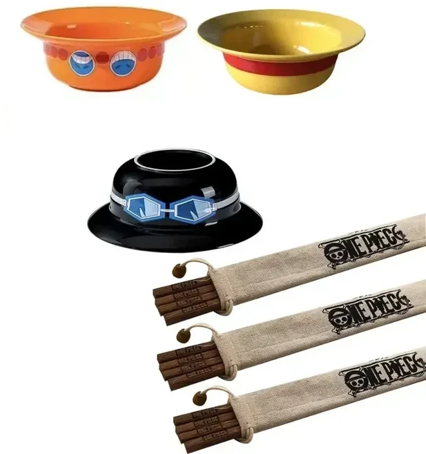 Anime 원피스 Luffy 밀짚 모자 그릇 워터 컵 귀여운라면 그릇 만화 가정용 세라믹 식기 국수 그릇 젓가락, 06 3pcs