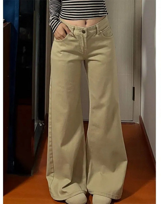DFMEI 卡其色微喇叭牛仔褲女秋季新款低腰寬鬆顯瘦垂感闊腿拖地長褲子潮