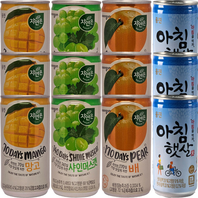 웅진 작은캔 음료수 4종 3개씩 혼합(자연은망고+자연은샤인머스캣+자연은배+아침햇살), 12개, 180ml