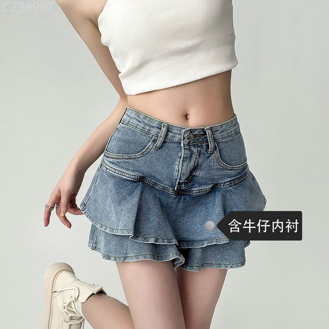 牛仔半身裙女蛋糕裙A字超短裙褲高腰設計感小眾包臀辣妹短款裙子