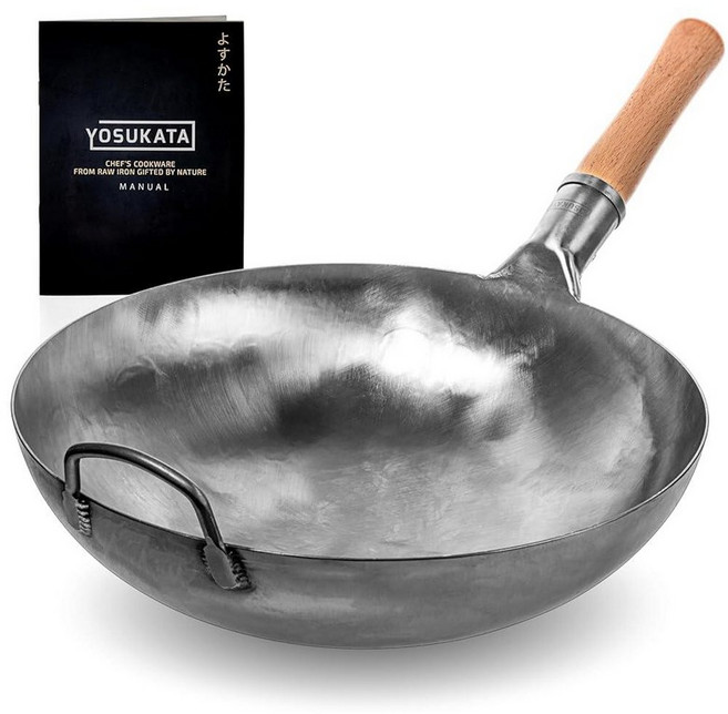YOSUKATA 실버 원형 바닥 웍 및 볶음 프라이팬 35.6cm(14인치) - 중국 해머드 탄소강 포우 전통 일본 아시아 조리기구 (35.6cm(14인치) 실버) 그외 각종, 14"