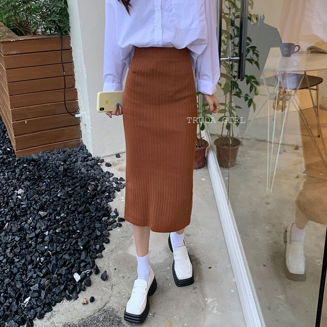 杜達女孩針織長裙 高腰彈力包臀開叉半身裙 秋冬女中長版過膝A字裙