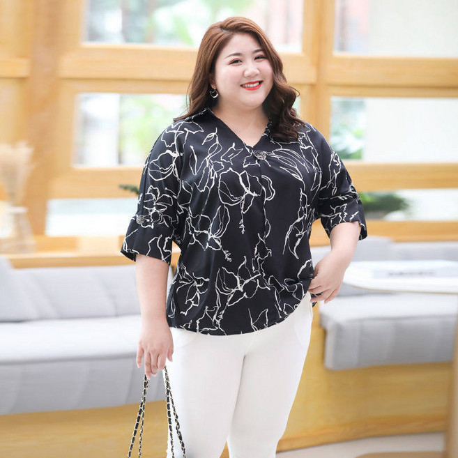 여성 여름 빅 플러스 사이즈 200kg 헐렁한 5부소매 쉬폰 셔츠 정장 면접 남방 블라우스