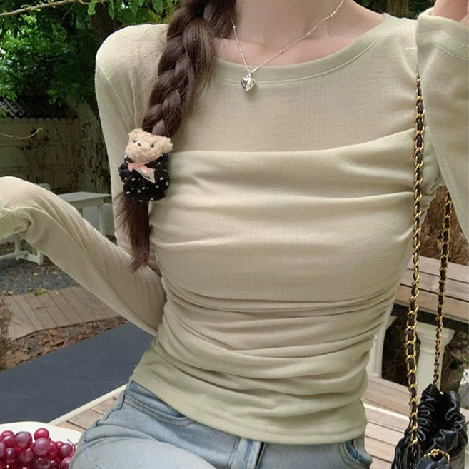 cammello 꾸안꾸 시스루 레이어드 슬림핏 셔링 티셔츠 여성 긴팔티