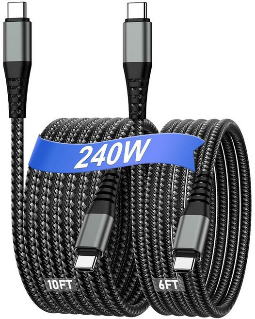 Cabepow 240W USB C to 케이블 [2팩 1.8m(6피트+10피트) 고속 충전 코드 브레이드 타입 아이폰 17/16/15/삼성 S25/S24/맥북/아이패드/스위, 2Pack-6FT+10FT, Black