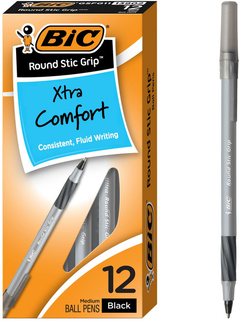 BIC 라운드 스틱 그립 엑스트라 컴포트 볼펜 미디엄 포인 BIC Round Stic Grip Xtra Comfort Black Ballpoint Pens Medium Poin, 1개