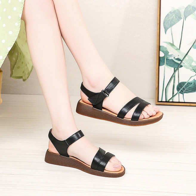 지디오 여성 스트랩 샌들 키높이 3CM 소가죽 슬링백 찍찍이 여름 슬리퍼 빅사이즈