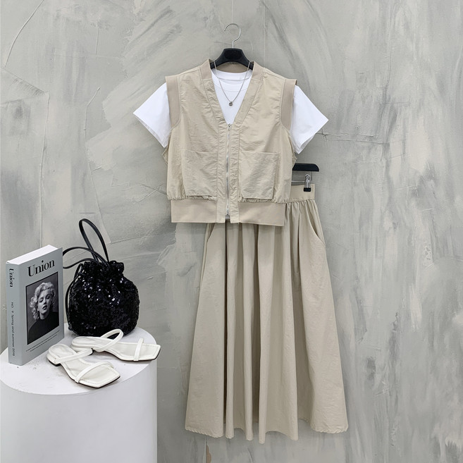 행복여 벤트 사각 포켓 브이넥 집업 조끼 밴딩 스커트 세트