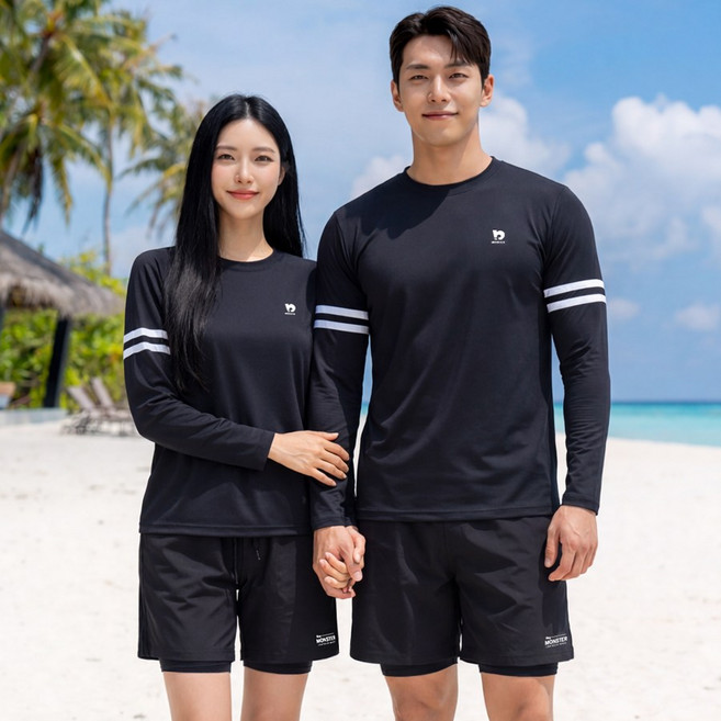 로이몬스터 남녀 모노라인 래쉬가드 상의+반바지 2장 세트 체형커버 빅사이즈/ROYMONSTER