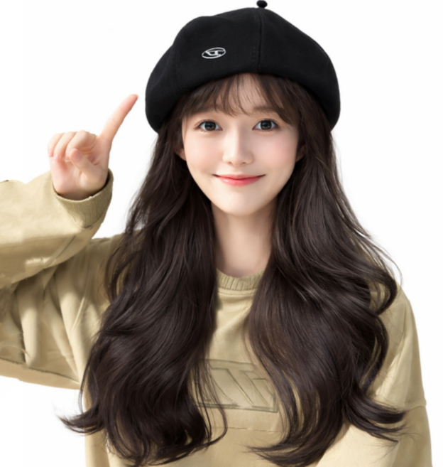 상덕 모자 가발 전체가발 요즘유행 모자 전체가발, 1개, 블랙 베레모