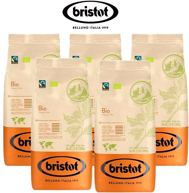 브리스토트 친환경 유기농원두 바이오 BRISTOT BIO - ORGANIC 이탈리아 에스프레소 원두커피 | 미디엄 로스팅 | 1kg 맛있는원두 홀빈 분쇄안함, 5개, 홀빈(분쇄안함)