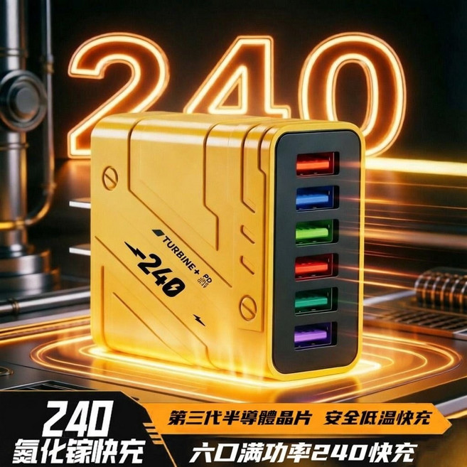 TURBINE 180W五口氮化鎵快速充電器，支援多協議快充，智能分配電流，輕巧便攜, 六孔加強版顏色隨機出貨不挑色, 1個