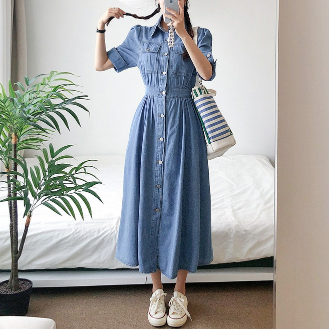 요시아나 [당일발송] 메르겐 데님 카라넥 버튼장식 롤업 반팔 롱원피스 2컬러