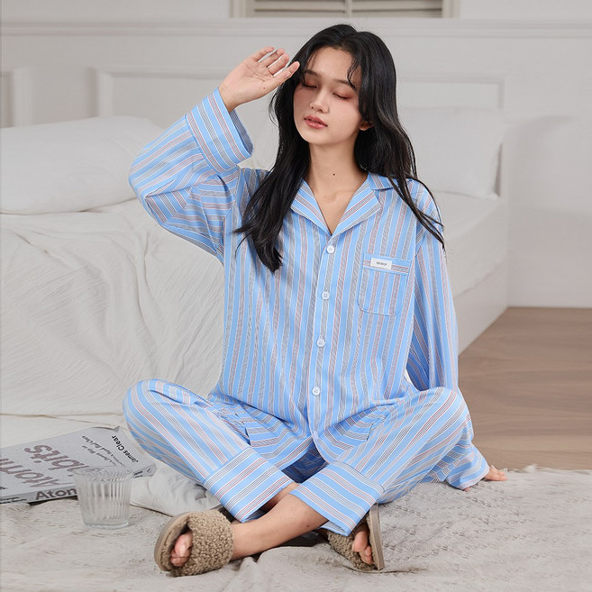 긴팔 파자마 여성 남성 잠옷 세트 커플 홈웨어 250913