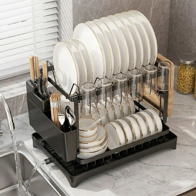 Dewhut 대용량 전탄소강 튼튼 주방 그릇 접시 수납 정리 식기 건조대, 1개, 블랙, 2단