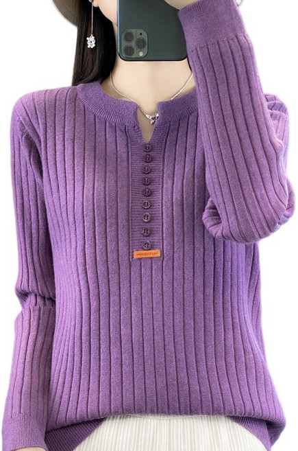 여성 부드러운 골지 라운드넥 버튼 디테일 데일리 이너 레이어드 니트 NJR371