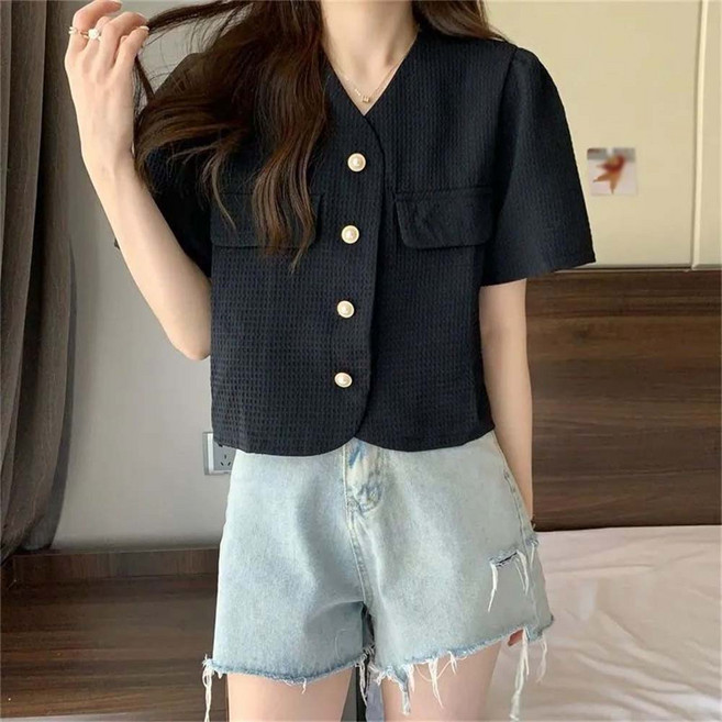 besteffie 여성 봄 여름 반팔 트위드 자켓 브이넥 진주 버튼 장식 레트로 스타일 캐주얼 재킷 데일리룩 K92