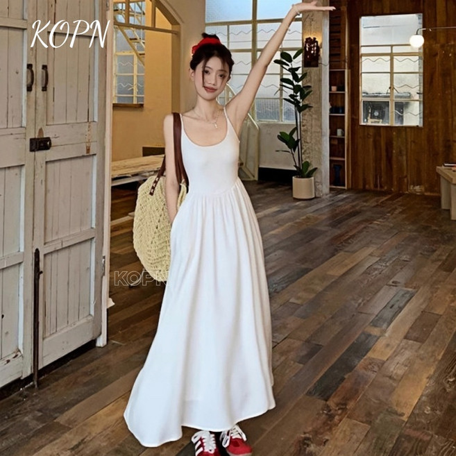 KOPN 화이트 나시 원피스 자녀 여름 날씬해 보이다 부드럽다 프랑스식 첫사랑 봄옷 소백 긴 치마
