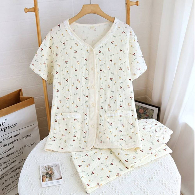 체리 브이넥 순면 잠옷 세트 반팔 긴팔