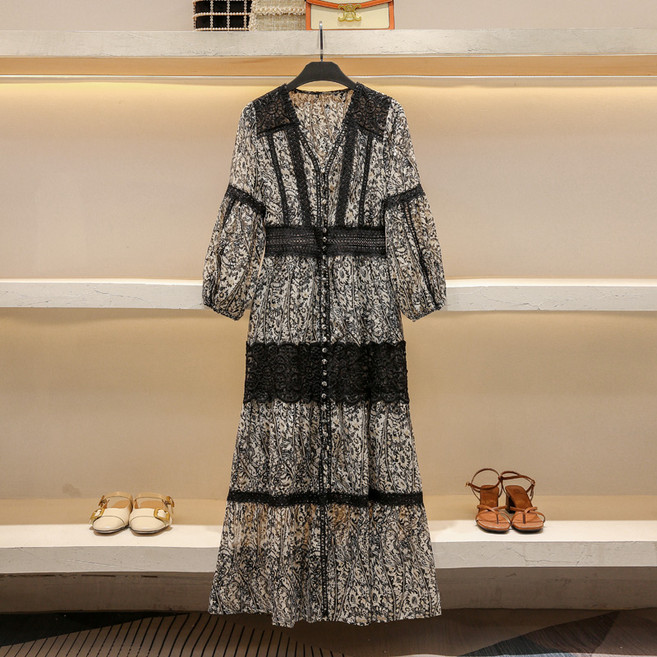 여성 보시미아 롱스커트 수입 블랙 롱원피스 여름 브이넥