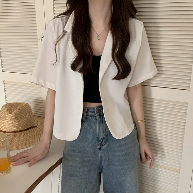 梨卡 女裝短袖短版襯衫西裝外搭上衣 寬鬆百搭款