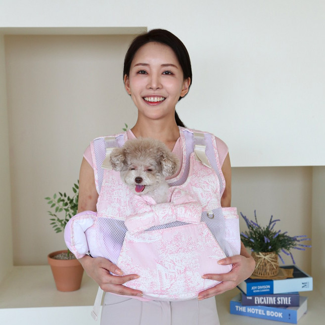 베베파우 강아지 고양이 감탄 이동앞가방 전면오픈 산책 여름 메쉬망 슬링백 프론트백, 핑크, 1개