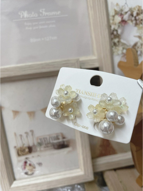 無耳洞夾式耳環 小花串珍珠造型 約會聚餐必備