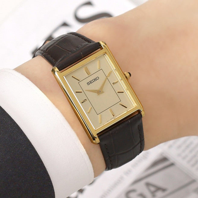 세이코 클래식 로마 사각케이스 골드 브라운 사파이어 아날로그 남자 가죽손목시계