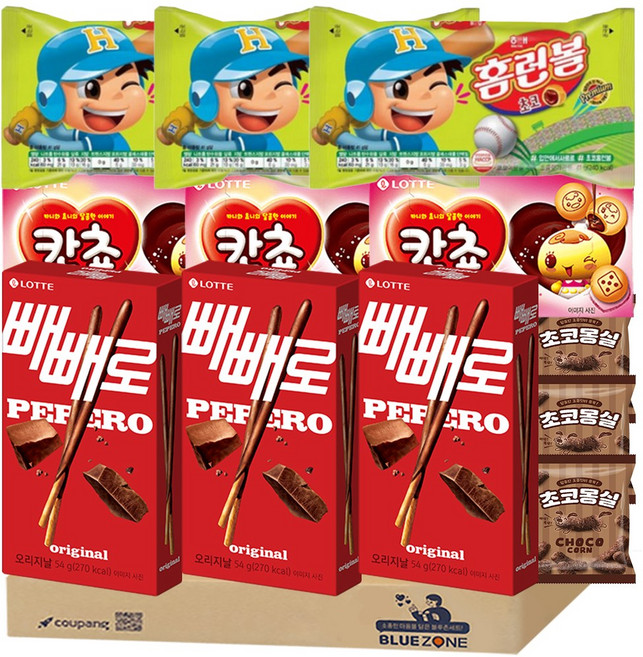 인기초코과자 빼빼로54g 3개 칸쵸54g 3개 홈런볼41g 3개 몽실22g 3개, 12개, 과자