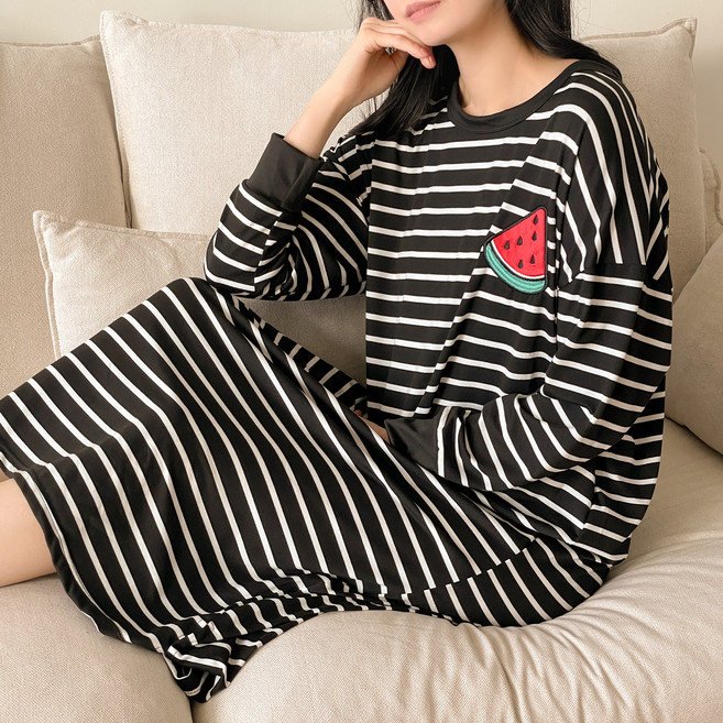 IAWI 여성용 스트라이프 과일 원피스 잠옷 오버핏 44-99 빅사이즈 롱 홈웨어 파자마