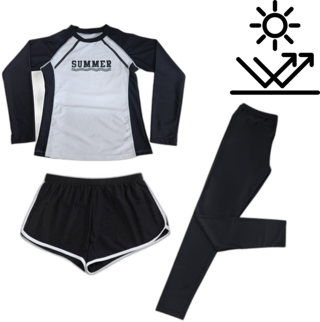 팝키즈 써머 화이트 긴팔 주니어 수영복 래쉬가드 3종세트