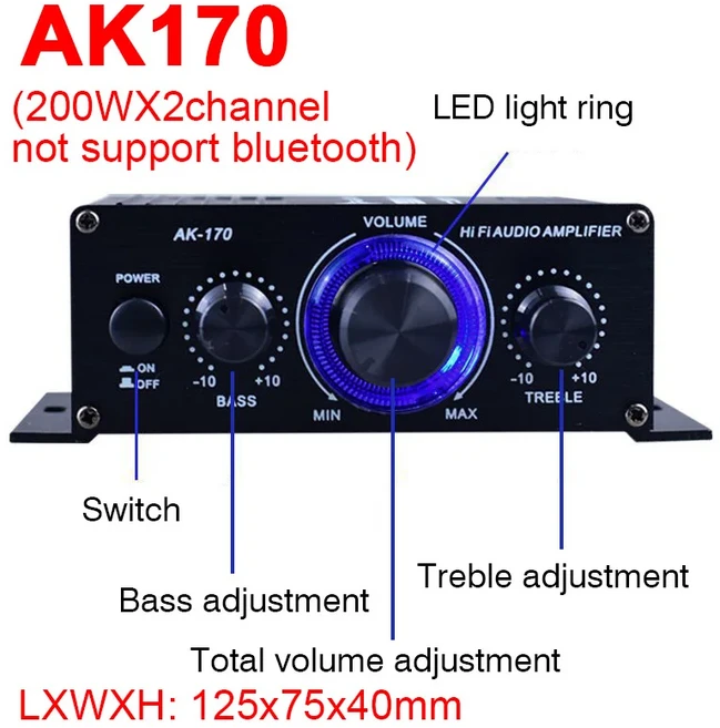 800W 가정용 자동차 앰프 2 채널 블루투스 5.0 스테레오 사운드 HIFI 서브우퍼 베이스 FM USB 원격 제어, 03 AK170 NO PLUG